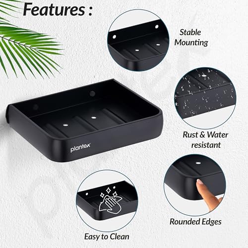 Image of Plantex Self Adhesive Aluminium Soap Holder for Bathroom /Soap Case /Soap Stand /Bathroom Accessories - Pack of 1 (1504, Black)