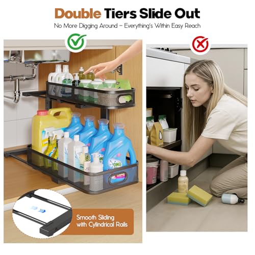 Image of 2 Pack 19.3IN-Depth Under Sink Organizer with Smooth Cylindrical Rail,2-Tier Pull Out Multi-Purpose Cabinet Storage for Bathroom&Kitchen,Height Adjustable,Rust-Resistant Coating-Black