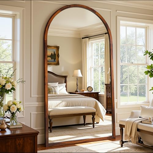 Full Length Mirror 76"×41" Floor Mirror Standing Tall Mirror, Arched Stand up Large Wall Mirrors, Freestanding Full Body Mirrors for Bedroom Living Room Wood Antique Style Walnut - Image 3