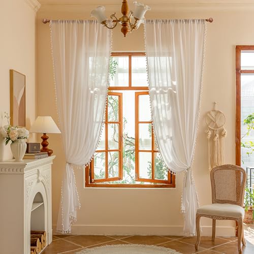 Image of MYSKY HOME 72 Inches Long Semi Boho Sheer White Door Curtains for Closet Doorways,Light Filtering Back Tab Macrame Privacy Protect Farmhouse Drapes for Dining Room, 50 inch x 72 inch,Pure White, 2 Panels