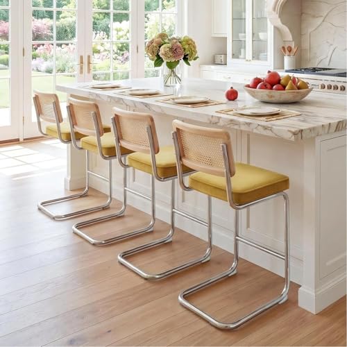 Image of Zesthouse Natural Rattan Bar Stools Set of 2, 26'' Modern Boho Counter Height Bartools with Solid Wood Back, Mid Century Counter Stools with Velvet Cushion, Cane Back Island Chairs for Kitchen, Yellow