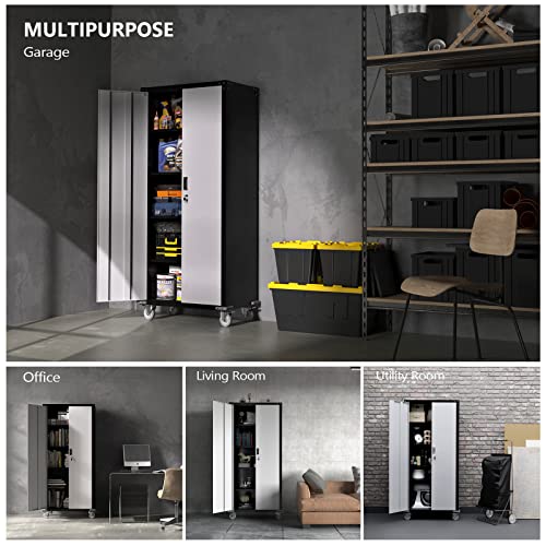 Vingli 72" Tall Metal Storage Cabinets With Doors And 4 Adjustable Shelves, Silver&Black Metal Storage Cabinets With Wheels For Garage, Office, Classroom, Laundry&Utility Room, 32W X 16D X 72H #TOP4