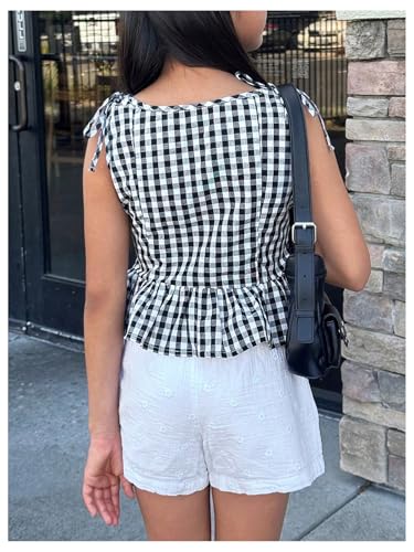 Floerns Girl's Plaid Peplum Tank Top Sleeveless Ruffle Hem Bow Shoulder Blouse Top2