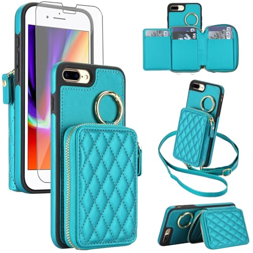 Phone Case for iPhone 7plus 8plus 7/8 Plus Wallet Cell Cover RFID Blocking with Screen Protector Wrist Crossbody Strap Zipper Ring Buckle i Phone7s 7s + 7+ 8s 8+ Phones8 7p 8p Women Girls Green