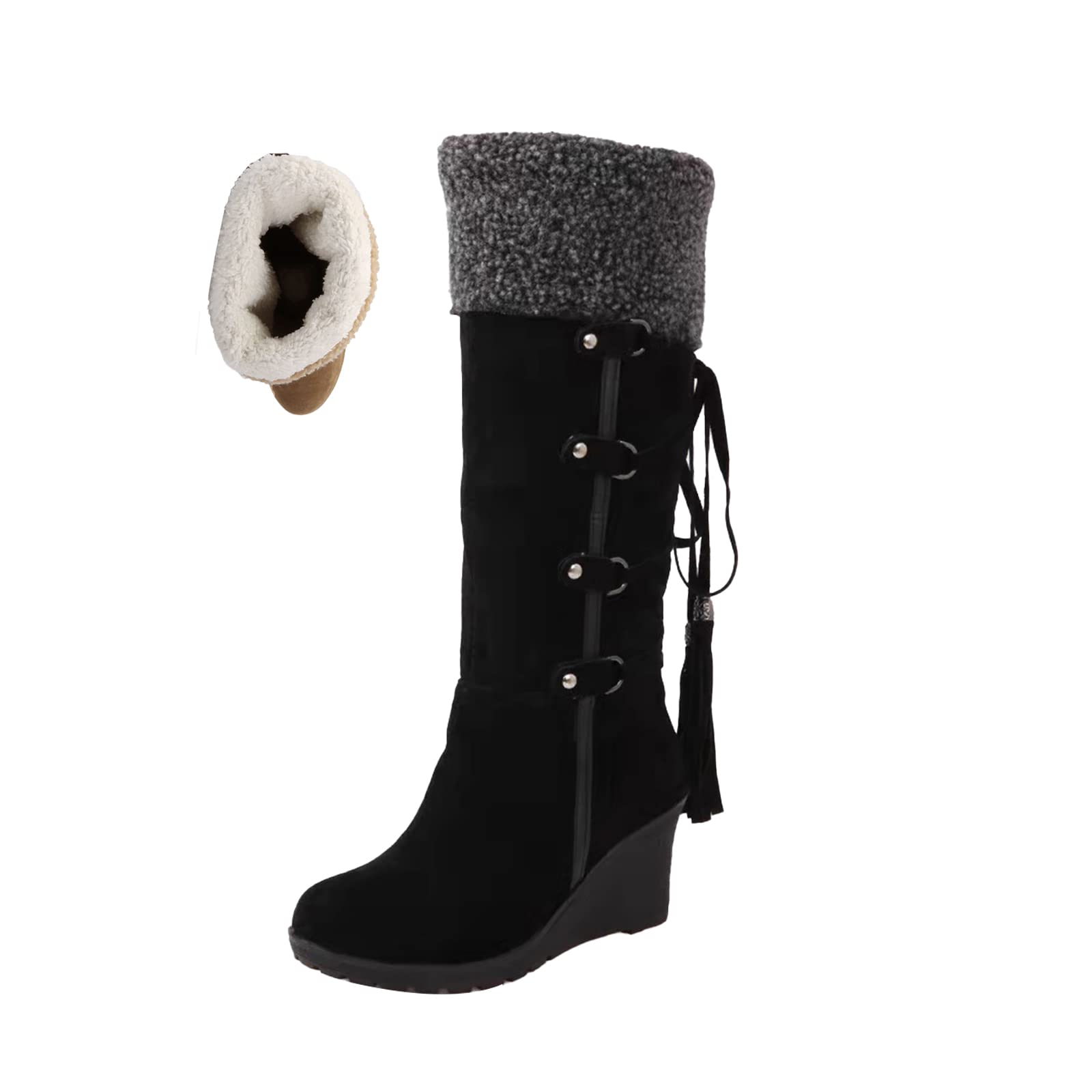 Womens Fuzzy Collar Wedge Knee High Boots Winter Fur-Lined Non-slip Fringe Back Lace-up Pull On Tall Suede Snow