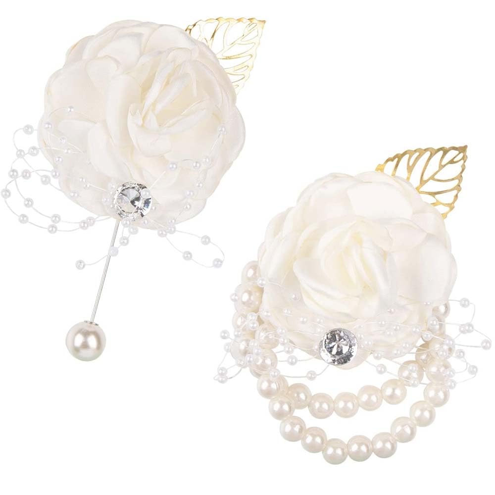 SSyang Boda Boutonniere y Flor De Muñeca Boda, Rose Boutonniere, Novio Ramillete, Ramillete para Boda, Mujer, Fiesta Blanca, decoración de Traje de Fiesta (Blanco)