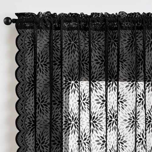 Image of MIULEE Black Floral Lace Curtains 2 Panels, Black 52 inch W x 72 inch L