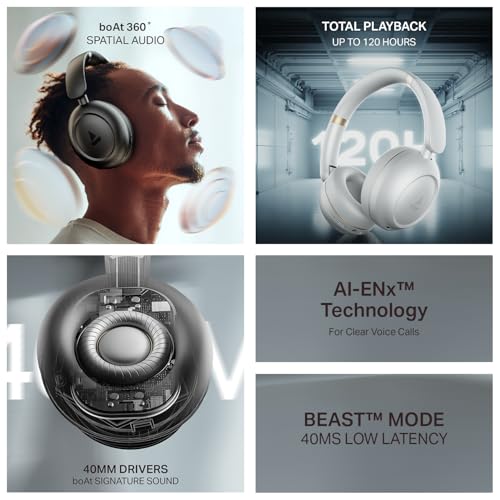 Image of Boat 2025 Launch Rockerz Prime 415, 360 Spatial Audio, 120H Battery, 40mm Drivers, AI-ENx Tech, Beast Mode, ASAP Charge & App Support, Bluetooth Headphones, Wireless Headphone with Mic (White Sabre)