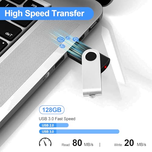Image of 128GB Flash Drive USB 3.0 High Speed Storage Thumb Drives Memory Stick with LED Indicator, Swivel Metal Photo Stick Pendrive Jump Drives Memoria USB Drive Zip Data Storage School Office Supplies