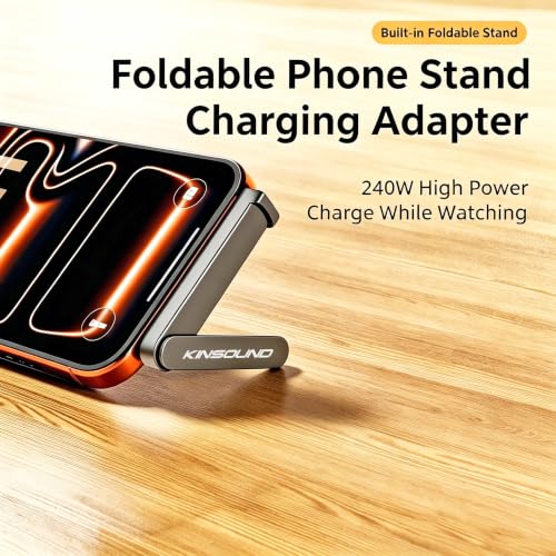 Image of Kinsound Type C to Type C Adapter with Foldable Mobile Stand, Single Sided Bracket Phone Holder, Fast Charging Metal Connector,Compatible for iPhone 15 16 17,Universal Type C Stand Converter (Orange)