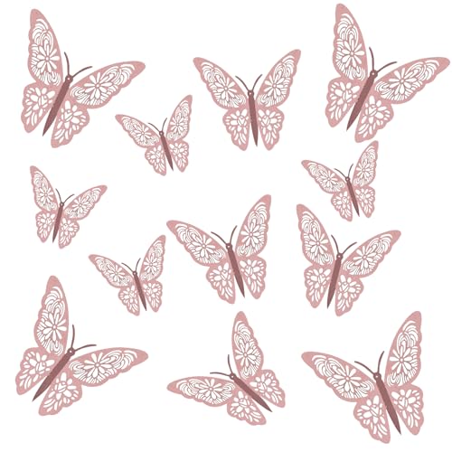 12 Pieces 3D Butterfly Wall Stickers for Room Decor - Girls Bedroom Decor with Pink Room Decor Style, Rose Gold Butterflies in 3 Sizes, Removable & Reusable for Party Decorations