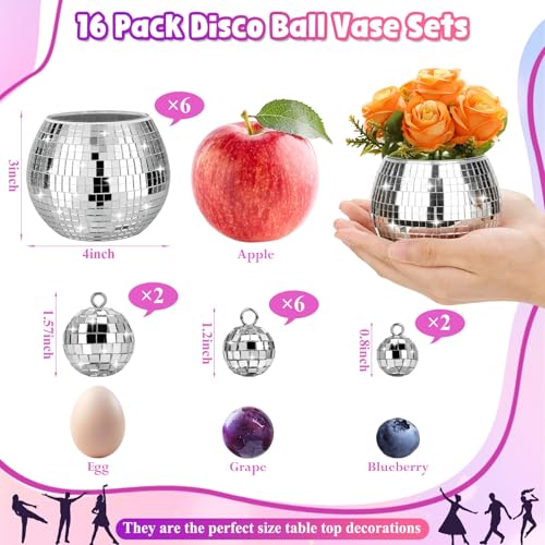 Image of 16 Pcs Disco Ball Vase Sets, 6 Pcs Disco Ball Vase Disco Ball Flower Vase & 10 Pcs Disco Balls with 3 Sizes, 3 inch X 4 inch Disco Ball Planter Candle for Wedding, Birthday, Party