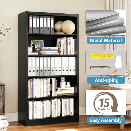 Image of 66 inch Tall Metal Bookcase, 5 Shelf Heavy Duty Bookcase with Adjustable Shelves, Large Book Storage Shelf for Living Room, Home Office, Library, Black