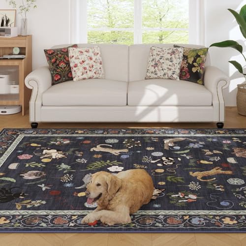 Living Room Rug 5x7 Rug Machine Washable Boho Area Rug Non Slip Floral Animal Cat Vintage Low Pile Large Rugs for Living Room Bedroom Farmhouse Dining Room Kids Playroom, Cobalt Blue
