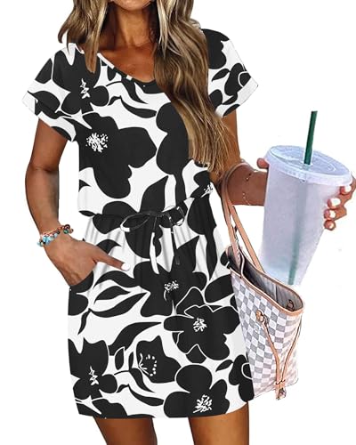 Image of AUSELILY Womens Summer Mini Dress, Short Sleeve V Neck Drawstring Casual | Soft smooth drape with an adjustable drawstring waist for beach, casual outings and daily wear