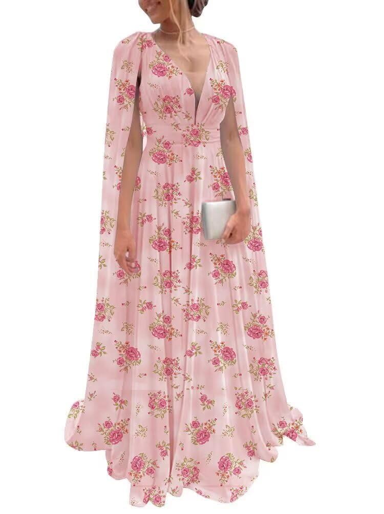 Chiffon Bridesmaid Dress for Women Cape Sleeve V-Neck Formal Evening Gowns with Pocket LBC020