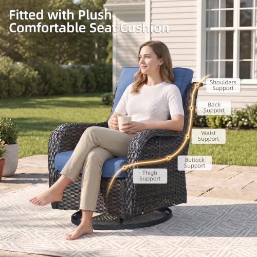 Image of Rilyson Patio Outdoor Wicker Swivel Rocker Chairs Set of 3, Blue Cushions | High Back and Deep Seating, All Weather, Water-Resistant, Removable Cover, Stain-Resistant, for Garden Backyard Deck