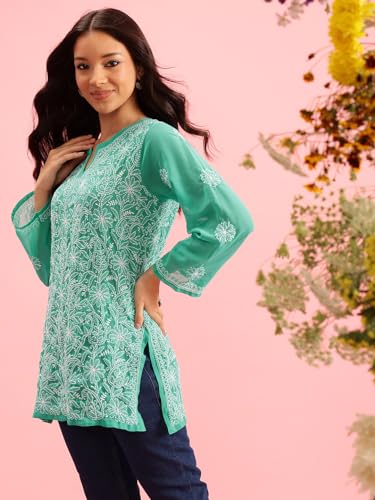 Image of Ada Women's Georgette Regular Fit Chikankari Hand Embroidered Lucknow Short Kurti Top A911224