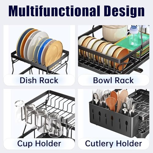 Image of ZROY Dish Drying Rack 2-Tier with Drainboard for Kitchen Countertop - Stainless Steel Dish Drainer with Utensil Holder, Cup Rack, Knife Storage & Water Drain Spout (New Black Rack 2-Tier)