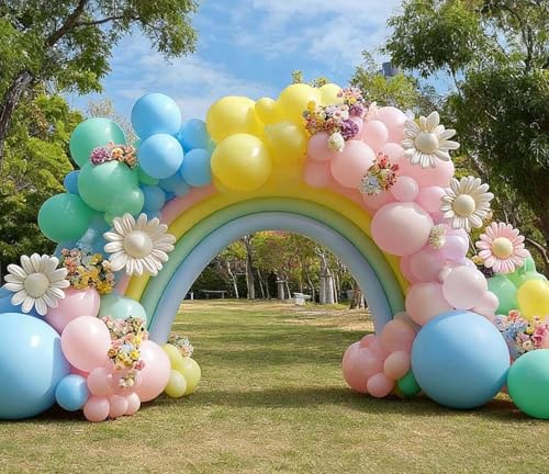 Image of Pastel Balloon Arch Double Stuffed Pink Yellow Blue Green Balloons Different Size for Colorful Spring Princess Unicorn Easter Happy Birthday Baby Shower Party Decorations