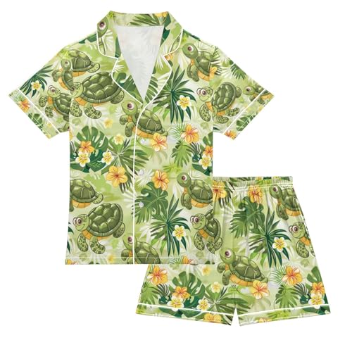senya Tropical Leaves Turtles Satin Summer Pajama Sets Silk Short Sleeve Button Down Sleepwear