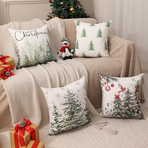 Double-Sided Print Christmas Pillow Covers 20"x20" Set of 4, 8 Cute Christmas Patterns, Tree, Merry Christmas, Truck, Merry & Bright, Let It Snow, Etc, Perfect for Home Decor