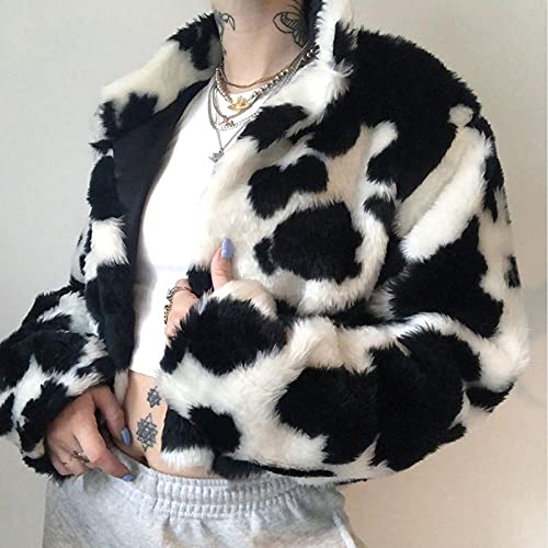 Faux Fur Jackets for Women Fashion Cows Print Winter Shaggy Coats Cropped Open Front Warm Fuzzy Outerwear2