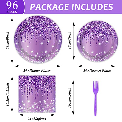 Image of 96 Pcs Purple Silver Tableware Set for Birthday Party Decor Disposable Dessert Plates Napkins Forks for 24 Guests Elegant Purple Tableware for Women Girls Baby Shower Bridal Shower Party Supplies