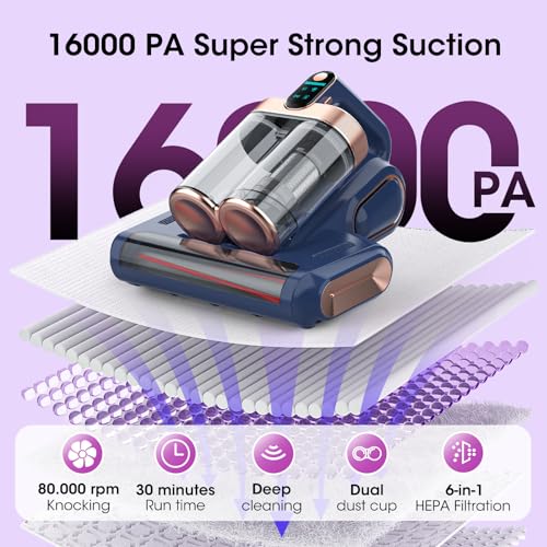 Image of Bed Mattress Vacuum Cleaner Cordless 16Kpa Handheld Vacuum, Vacuum Cleaner with 253.7nm UV-C Light,HEPA Filter & Ultrasonic, Portable Vacuums for Sofa Couch Crib Birthday Gifts for women blue+gold | HEPA Filter & Ultrasonic, Portable Vacuums for Sofa Couch Crib Birthday Gifts for women blue+gold Cordless