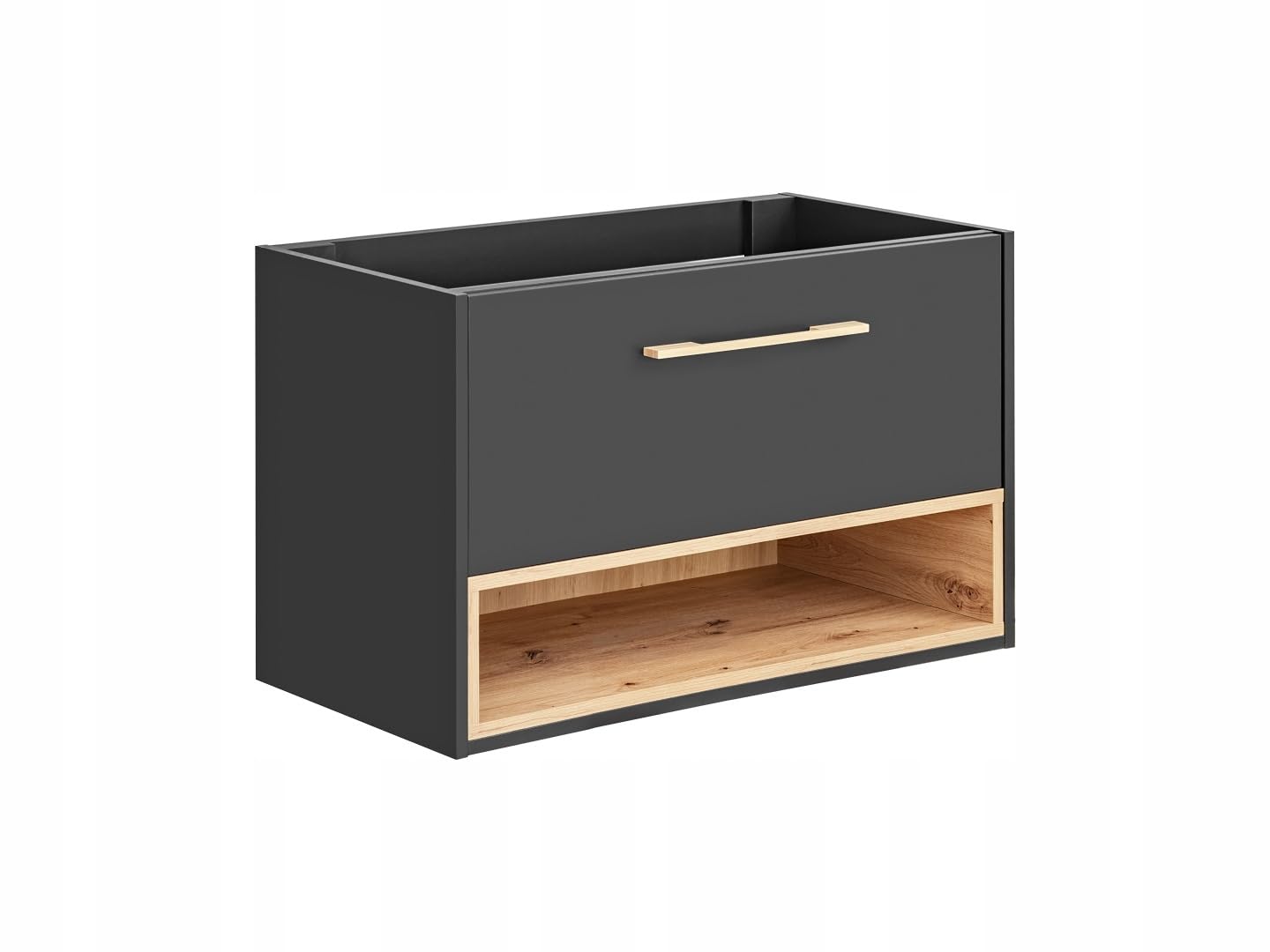 Mobile da bagno sospeso per lavabo da 80 cm, con cassetto e mensola, color grafite opaco/rovere – mobile da bagno