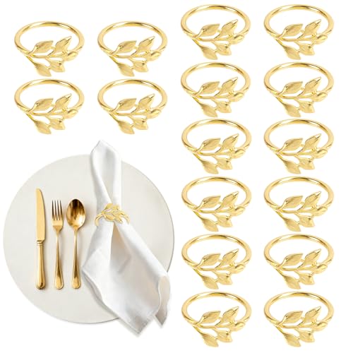 Koxtyzo 16 Pieces Rond de Serviette Doré, Porte Anneaux de Serviette en Métal, Anneau Serviette en Forme de Feuille, pour Décoration de Table, Mariage, Anniversaire, Banquet, Repas de Famille