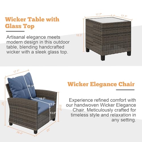 Shintenchi 3 Pieces Patio Furniture Set 3 Pieces PE Rattan Wicker Chairs with Table Outdoor Furniture for Backyard/Garden/Poolside/Outdoor Restaurant Gary Rattan with Blue Cushion - Image 4