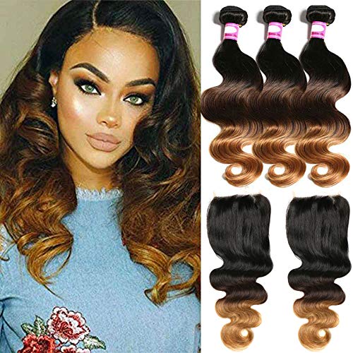 Hairitory Hair 8A Malaysian Virgin Hair With Closure Malaysian Body Wave With Closure Ombre 3 Bundles Blonde Human Hair Weave With Lace Closure (20 22 24+18, 1B/4/30)