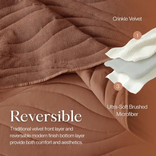 Image of DOWN HOME Crinkle Textured Velvet Quilt Set with Shams, All-Season Luxury Modern Bedding,Easy Care Comforter,Ultra-Soft,Lightweight & Breathable, Cali King, Rosewood Brown