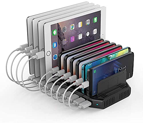 Alxum 10 Porte Stazione di ricarica per multipla cellulari con divisori staccabili, caricatore usb multiplo, uscita 5 V 2,4 A per porta per Telefono Cellulare e tavoletta, Nero