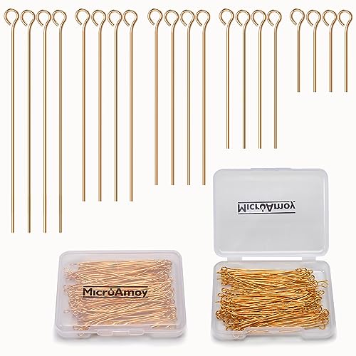 MICROAMOY 260pcs 18K Gold Filled Eye Pins Non Tarnish Craft Earring Bracelet Jewelry Making Accessories Supplies (20mm (0.78in, Gold-Eye Pin)