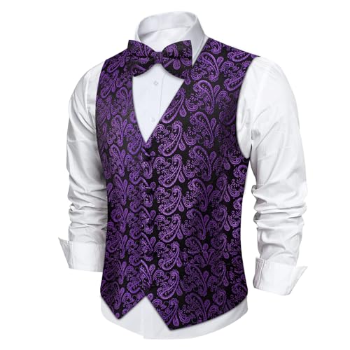 Image of DiBanGu Mens Paisley Suit Waistcoat,Silk Dress Vest and Bowtie Pocket Square Cufflinks with Lapel Pin Set for Wedding Tuxedo