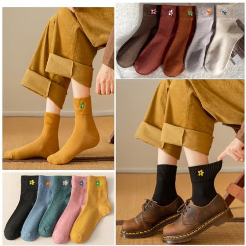 5 Pairs Crew Socks Cute Flower Embroidery Ankle Socks Gifts for Womens Teens Socks 6