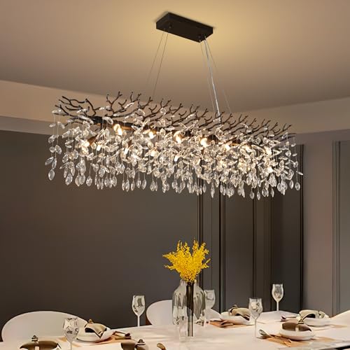 YUYI 47" Black Crystal Chandelier, 14-Light Modern Tree Branch Chandeliers for Dining Room, Luxury Rectangular Chandelier for Kitchen Island, Living Room, Foyer, K9 Raindrop Pendant Lighting Fixture