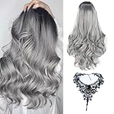 Halloween Parrucca Donna,Parrucche da Donna Grigie, Lunghe Ondulate Ricce Accessori da Strega di Halloween, Collana da Donna Parrucche Retina per Capelli Festa di Ruolo Trucco Halloween
