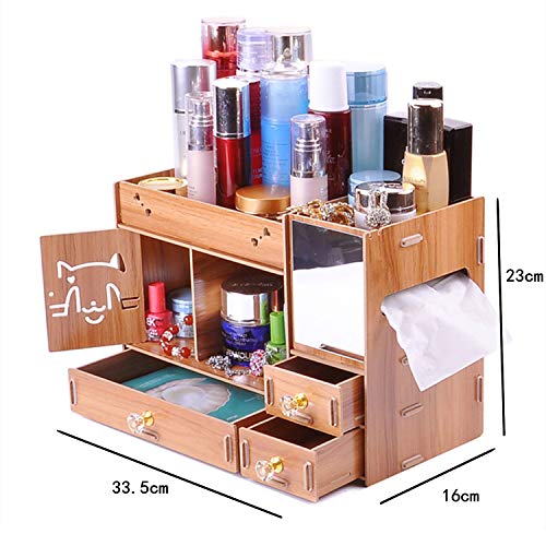 ANDER Makeup Organizer Wooden Dresser Organizer, Lipstick Organizers and Storage with Mirror, Makeup Storage Drawers Built-in Mirror Ring Earring Necklace Organizer Storage Case(Wooden Grain)
