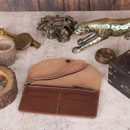 Leather Money Bag Wallet for Women, Reusable Budget Organizer, Retro Clutch Wallet Vintage Cash Envelope Continental Wallet Travel Currency Organizer Handmade Long Utility Pouch (Tan)4