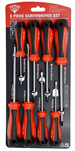 Texas Best Screwdriver Set | Chrome Vanadium Steel Blades | Magnetic Tips | Super Comfort Grip Handle (8 Pc)