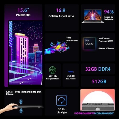 Image of 15.6-inch touchscreen portable laptop, with high-end all-metal body,32GB DDR4+512GB SSD, N5095 quad-core 2.9GHz processor, fingerprint recognition and backlit keyboard,1920x1080, supports WiFi,Win11