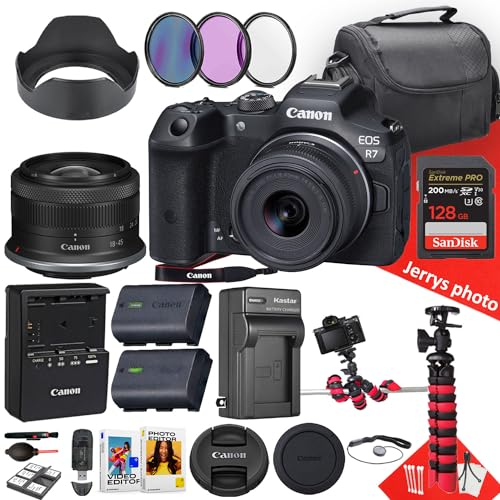 Canon EOS R7 Mirrorless Camera with 18-45mm Lens + 128 GB Memory + Hood + Extra Battery + Filters + More (26pc Bundle) (Renewed)