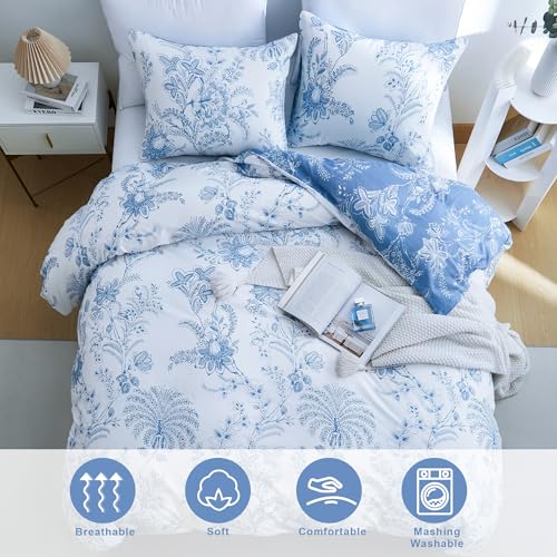 Image of BOLINLIVING Floral Duvet Cover Queen Size 3 Pieces, Flower Duvet Cover with 2 Pillow Shams, Soft Floral Bedding Set White and Blue for All Season, Breathable, Zipper Closure