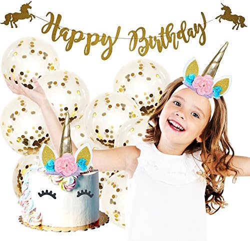 Unicorn Party Supplies - Unicorn Headband, Unicorn Cake Topper with Eyelashes, Birthday Banner & 10 Gold Balloons | Birthday Party Supplies, Party Decorations & Party Favors | 15 Piece Party Set