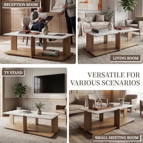 Image of HNY 50 inch Modern Open Frame Coffee Table with Storage & Marble Top, Solid Wood Construction, Hollow Visual Design for Living Room, Office, Hotel Lobby - Natural