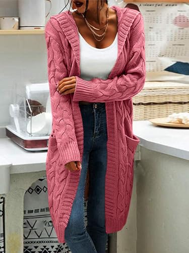 Image of Women Hooded Open Front Cardigan Cable Knit Chunky Long Sweater Coats | solid color, cable knit ,long duster cardigan,chunky coatigan,winter ,falll ,side pockets