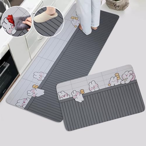 Image of HomeCloud Rubber Kitchen Mats for Floor Set of 2 Pcs | Non-Skid, Soft Absorbent Rugs for Kitchen, Laundry, and Hallway | 120x40cm, 40x60cm| 4mm Thickness (Bunnies Grey)